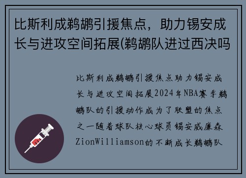 比斯利成鹈鹕引援焦点，助力锡安成长与进攻空间拓展(鹈鹕队进过西决吗)