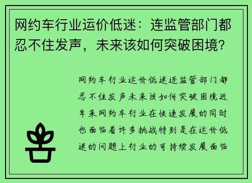 网约车行业运价低迷：连监管部门都忍不住发声，未来该如何突破困境？