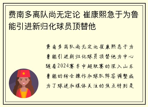 费南多离队尚无定论 崔康熙急于为鲁能引进新归化球员顶替他