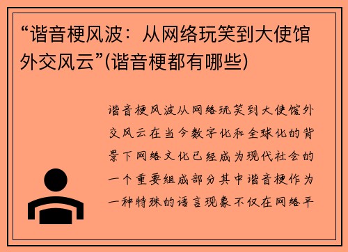 “谐音梗风波：从网络玩笑到大使馆外交风云”(谐音梗都有哪些)