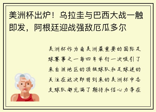 美洲杯出炉！乌拉圭与巴西大战一触即发，阿根廷迎战强敌厄瓜多尔